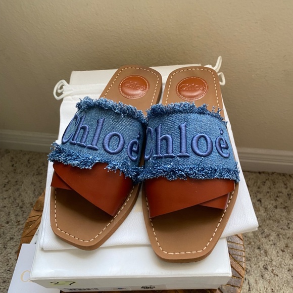 Chloe Woody Denim Slides - Picture 2 of 10